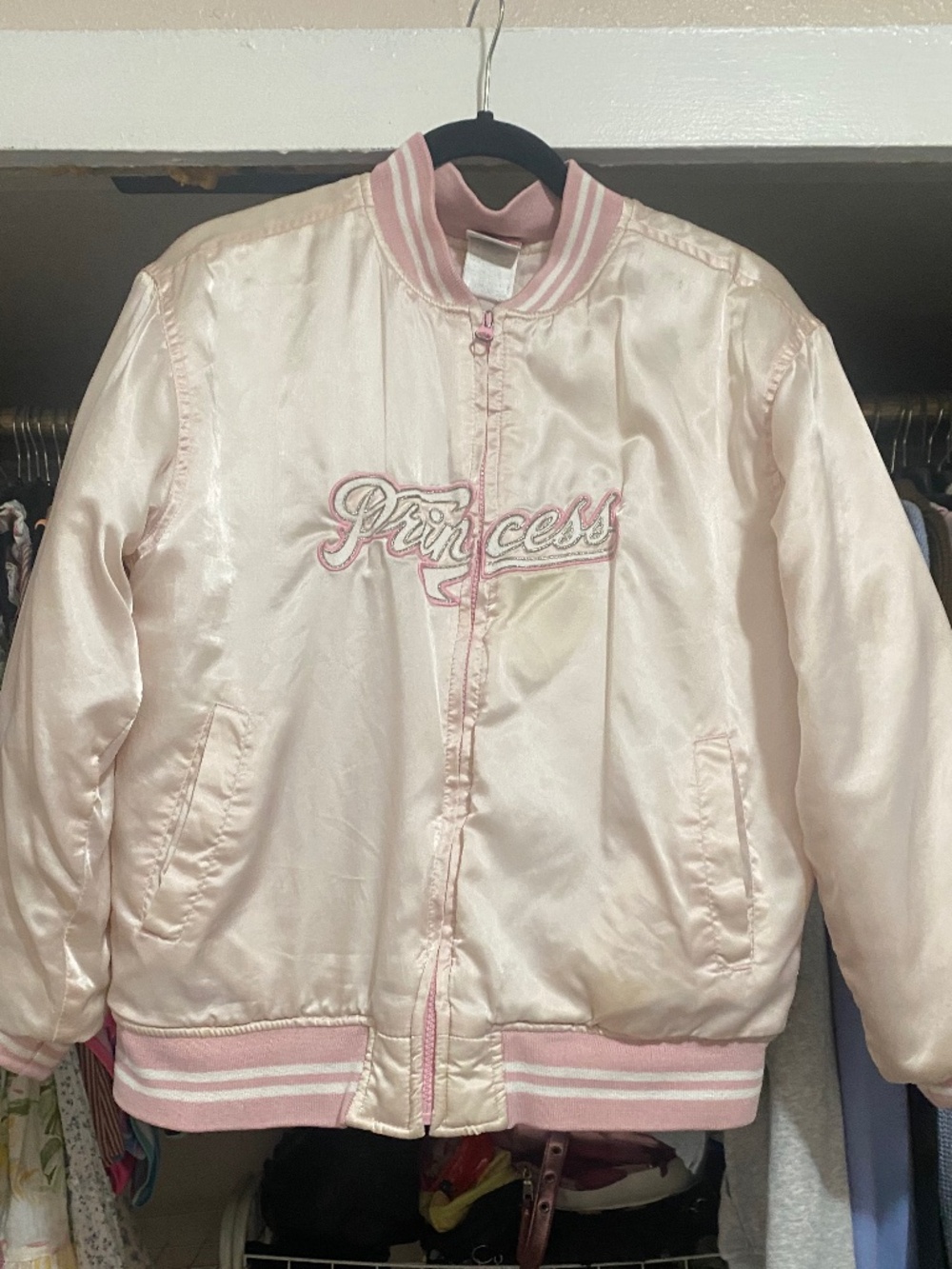 Vintage 1998 Disney Store Princess Pink Satin Bomber Jacket